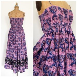 Free People lilac blue smocked sundress tribal border hippie boho festival dress